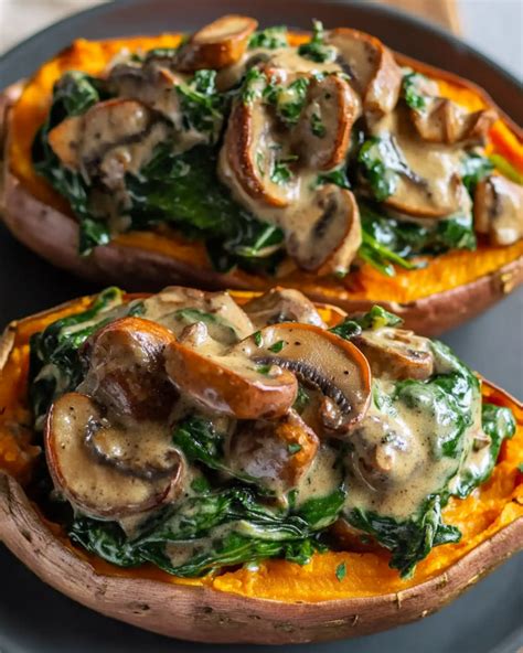 Creamy Mushroom and Spinach Stuffed Sweet Potatoes - recipestasteful ...