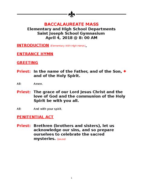 BACCALAUREATE MASS - Graduation Ceremony at Saint Joseph School - Studocu