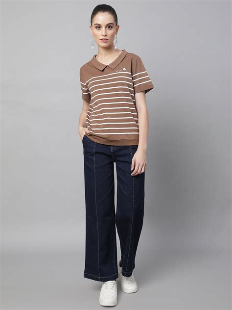 Women Peter Pan Collar White Striped Brown Top – Global R...