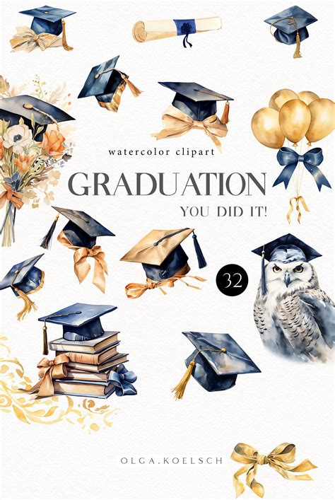 Graduation Clipart, Watercolor Graduation Clip Art. Grad Cap, Diploma ...