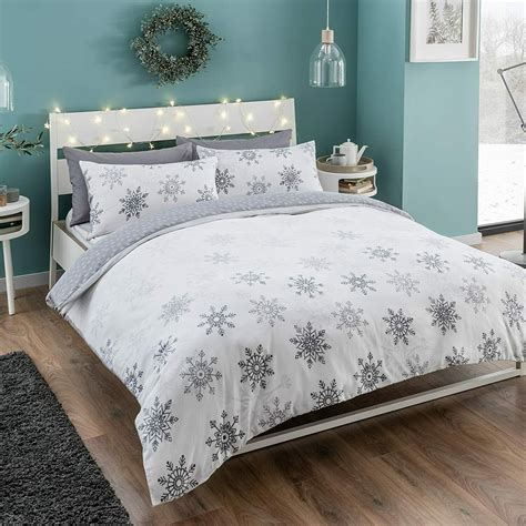 100% Brushed Cotton White & Grey Winter Christmas Snowflakes Duvet ...