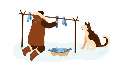 Premium Vector | Eskimo fisherman hanging dried fish. Traditional food ...