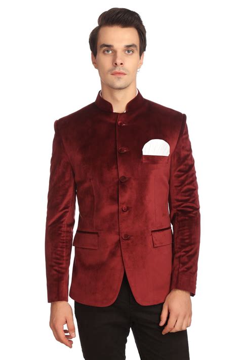 Wintage Men's Velvet Grandad Nehru Blazer Coat Jacket:Maroon