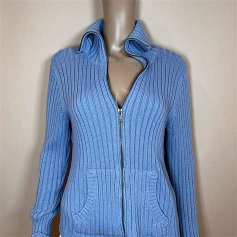 blue zip up knit sweater vintage knit zip up knit... - Depop