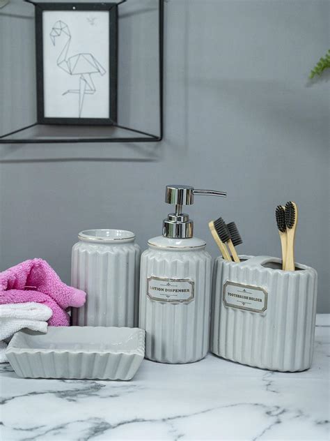 Grey Ceramic Bathroom Set Of 4 - Ribbed Design, Bath Accessories ...