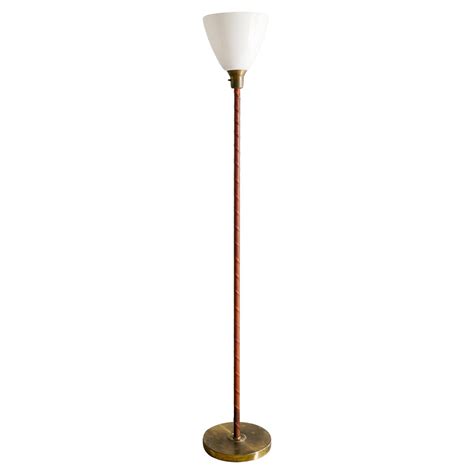 Swedish Mid Century Brass, Leather and Glass Uplight Floor Lamp ...