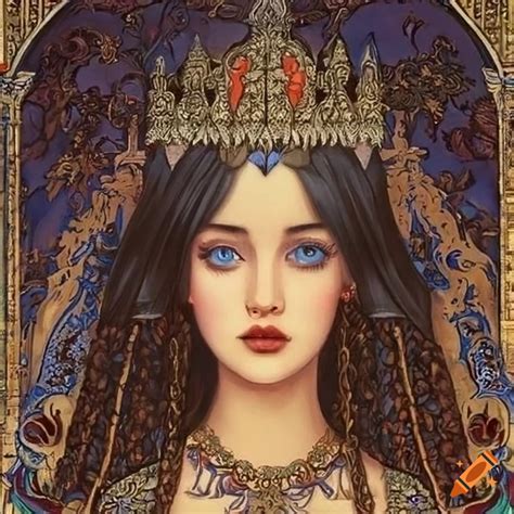Illustration of a beautiful princess with blue eyes and long black hair on Craiyon