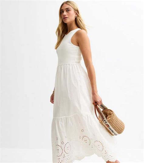 White Rib Racerback Broderie Anglaise Embroidered Midi Dress | New Look