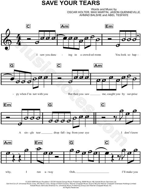 The Weeknd "Save Your Tears" Sheet Music for Beginners in C Major ...