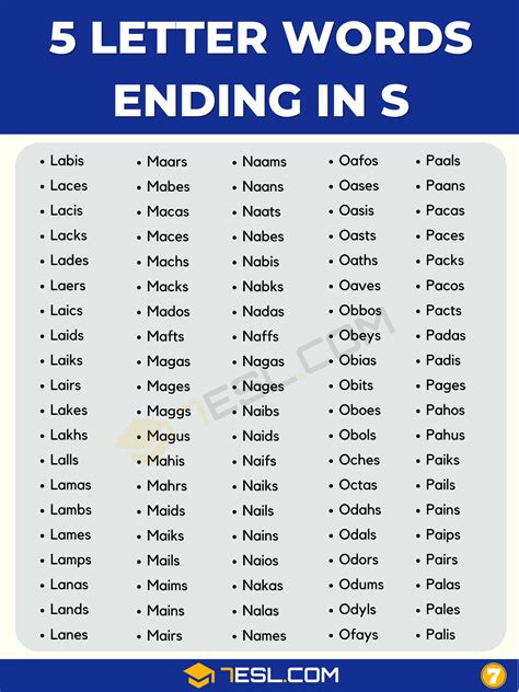 5 Letter Words Ending in S (3500+ English Words) • 7ESL