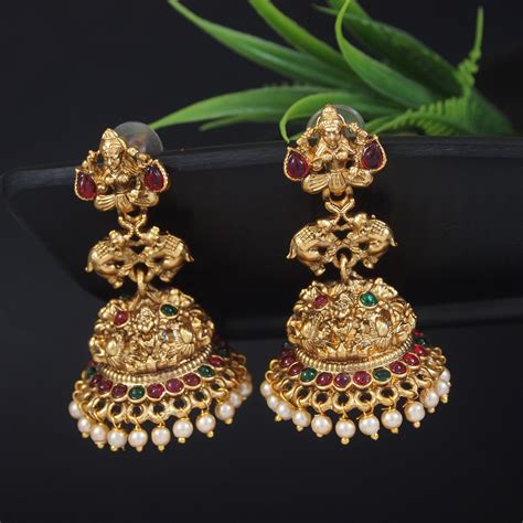 Traditional Temple Jhumka Earrings with Pearl Drops and Stone Accents