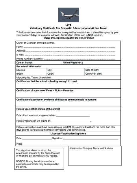 IATA Veterinary Certificate For Domestic International Airline - Blank ...