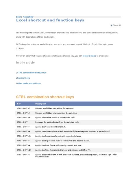 Excel Shortcut and Function Keys | PDF | Microsoft Excel | Tab (Gui)