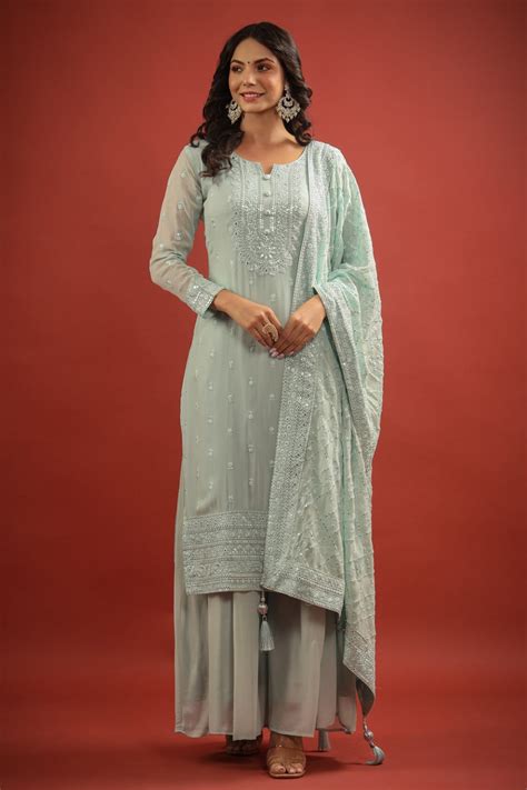 Pista Green Mirror Resham Embroidered Georgette Palazzo Set – Rang Roop ...