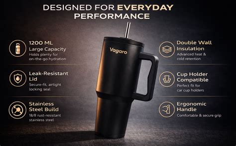VAGARO 1200 ml Insulated 304 Stainless Steel Tumbler with Handle, Straw ...
