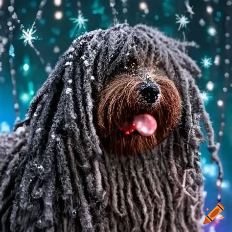 Hungarian puli dog with festive dreadlocks in the snow