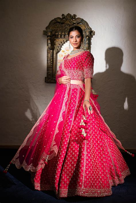Rani Pink Raw Silk Khat Work Lehenga | Shreeman
