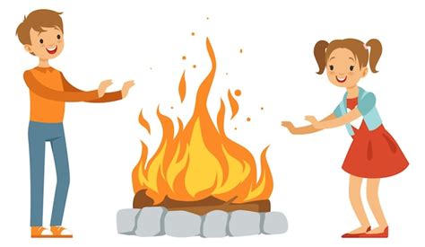 Kids around campfire outdoor fire with cartoon boy and girl | Premium ...