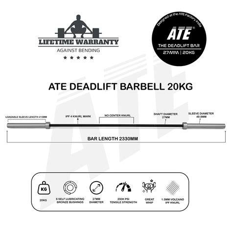 Deadlift Barbell 27mm/20kg | Aggressive Knurling and 2330mm Length ...