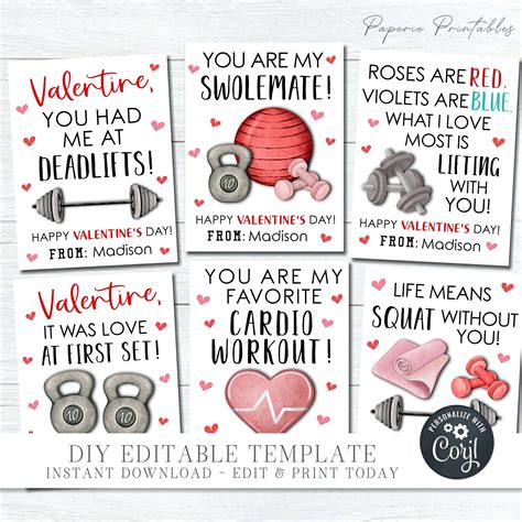EDITABLE Gym Valentine Cards, Fitness Valentine Cards, Workout ...