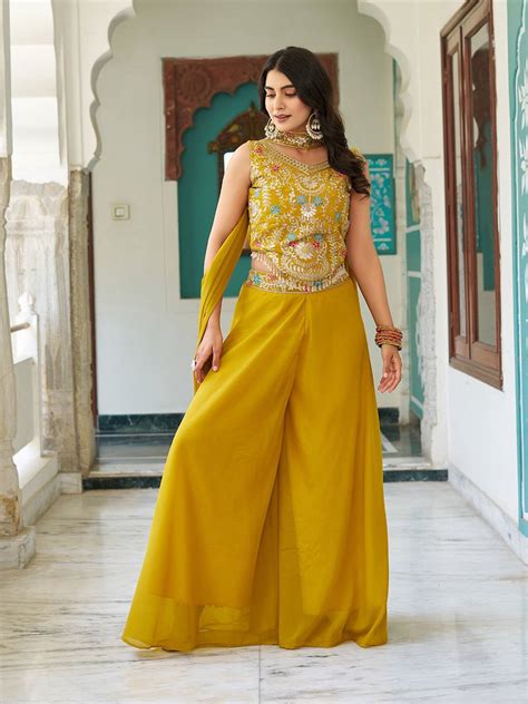 Stuti Mustard Yellow Star Georgette Sequins Thread Embroidery Work Top ...
