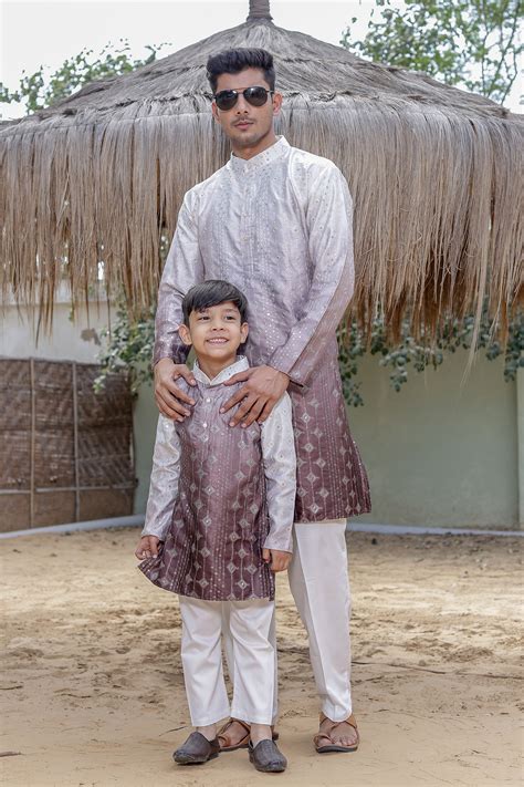 Father-Son Brown Ombre Jacquard Kurta Pajama Combo set - Matching ...