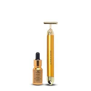 HOUSE OF BEAUTY 24K Face Massager with Skin Oil, T Shape Brass Head ...