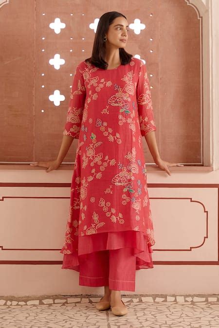 Buy Pink Muslin, Cotton Embroidery Round Neck Floral Print Kurta And ...