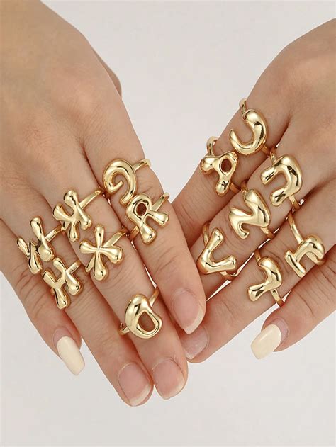 Bubble Cute 26 Letters Ring For Women Balloon Gold Plated Zirconia A-Z ...