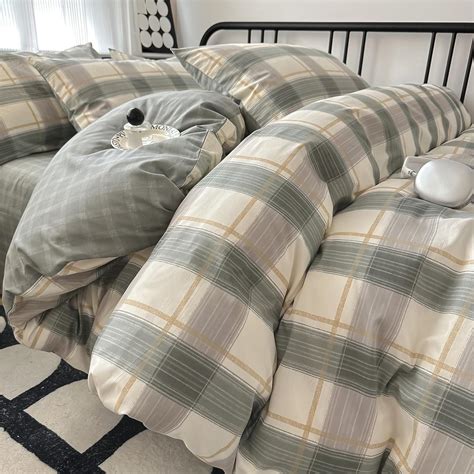 Amazon.com: Green Plaid Duvet Cover Queen Soft Cotton Grid Plaid ...
