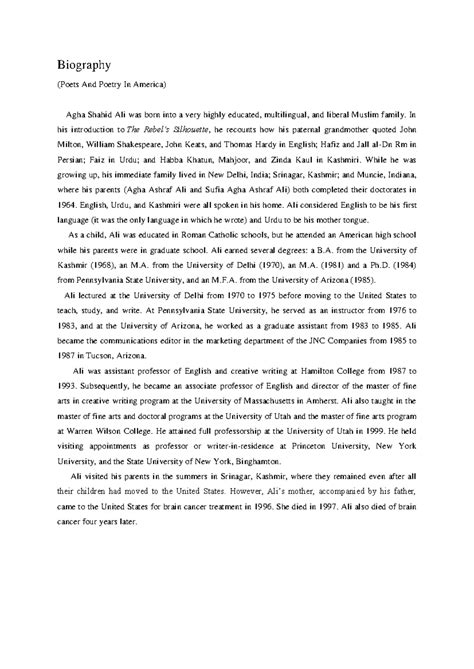 Biography of Agha Shahid Ali - BSc 3rd Sem English Notes - Studocu