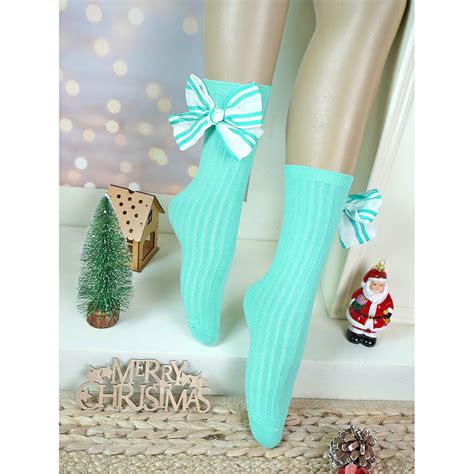 Mint Green White Striped 3d Big Bow Socks for Kids . - Little Surprise Box