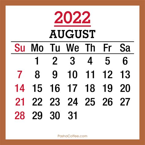 Calendar 2022 August Printable