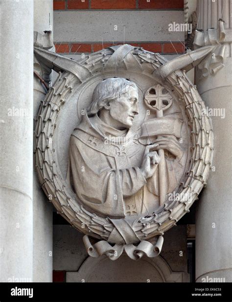 London, England, UK. Westminster Cathedral. Carved stone portrait of ...