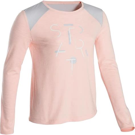 500 Girls' Breathable Cotton Long-Sleeved Gym T-Shirt - Pink Print