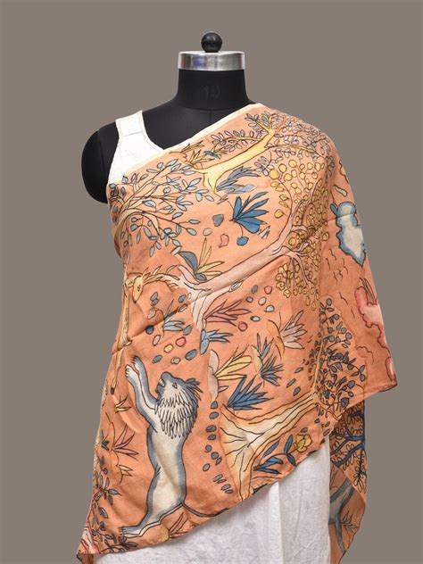 Orange Kalamkari Hand Painted Sico Stole with Animals and Trees Design ...