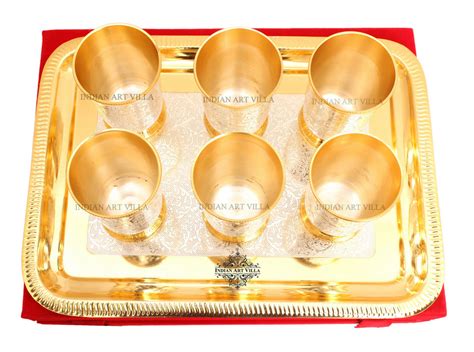 Handcrafted Pure Silver Plated Gold Polished 6 Glass with 1 Tray ...