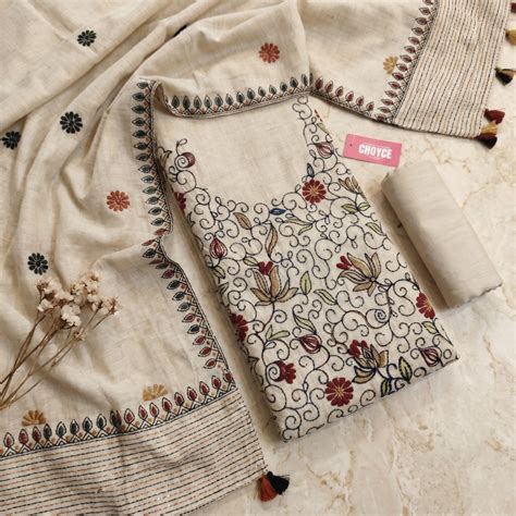 Set 41-14th Apr - Beige & Blue Beautiful floral Katha embroidery Kurta ...