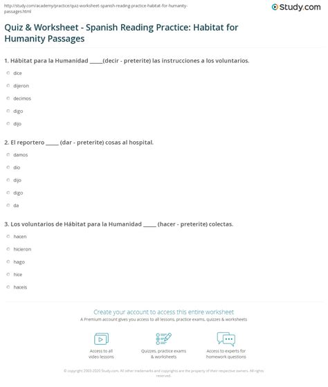 Quiz & Worksheet - Spanish Reading Practice: Habitat for Humanity ...