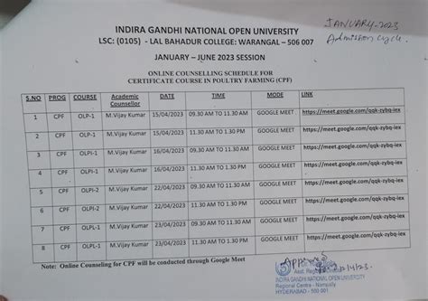 IGNOU-RC-Delhi-3 - Student Corner - Counselling Schedule - 2023