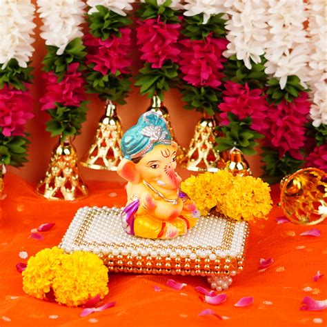 Bal Swaroop Ganesha with Blue Pagdi 4.1'' | Immersible Ganesha Clay Id ...