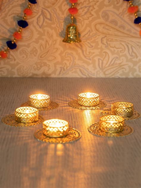 Buy | Set of 6 Gold Toned Decoration Tealight | Tied Ribbons