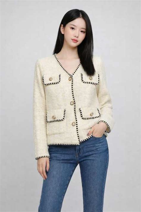 Women's White Tweed sweater with Black Contrast Trim & Pearl Buttons