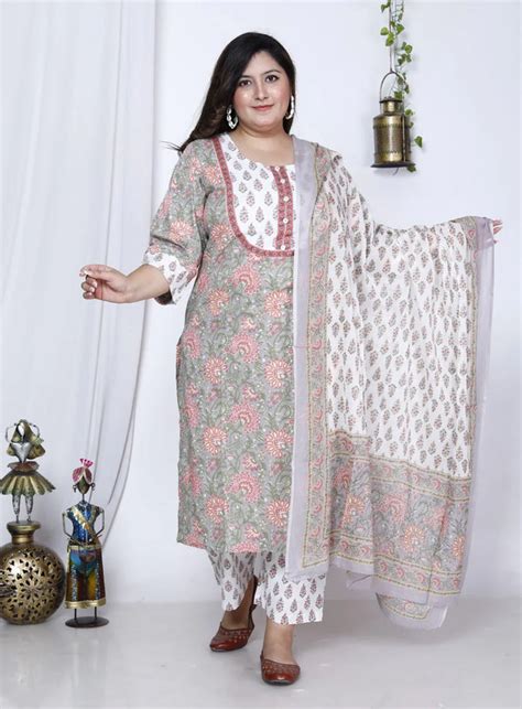 Plus Size Grey Cotton Printed Kurta Pant Set with Dupatta – Swasti Clothing