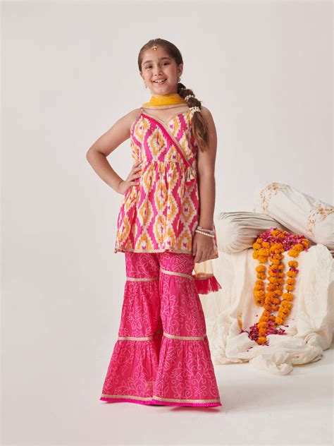 Buy Sha Orange Ikkat Sharara Set Online