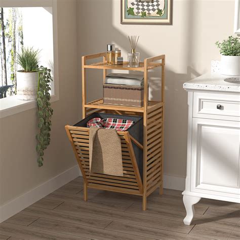 Bamboo Tilt-Out Laundry Hamper Cabinet, Bathroom Storage Cabinet with ...