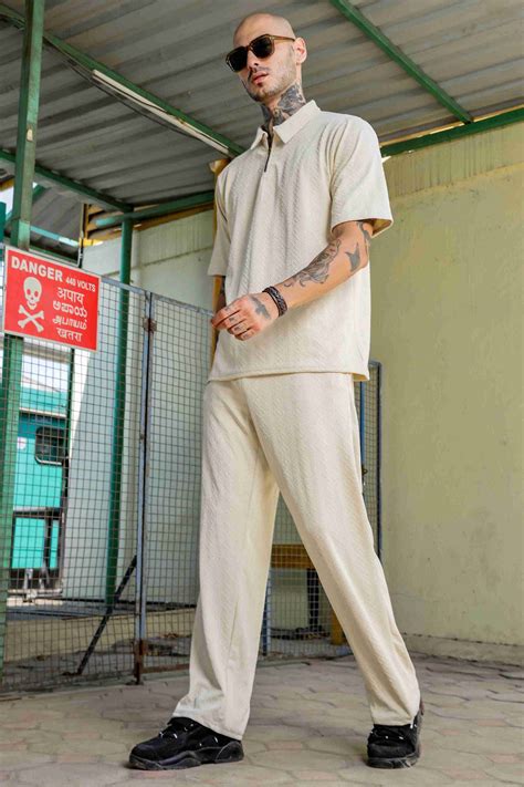 White Textured Oversized Polo Neck Tee & Trackpant Co-ord Set – House ...