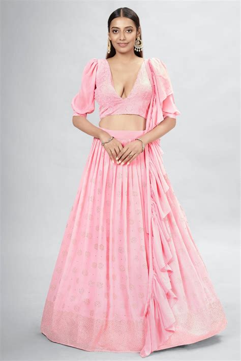 Pink Indian Georgette Lehenga Choli With Ruffle Dupatta For