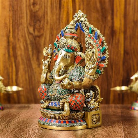 Buy Divine Aura: Brass Ganesha Statue with Natural Stone-Adorned ...