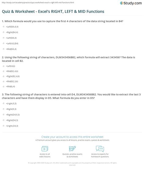 Quiz & Worksheet - Excel's RIGHT, LEFT & MID Functions | Study.com